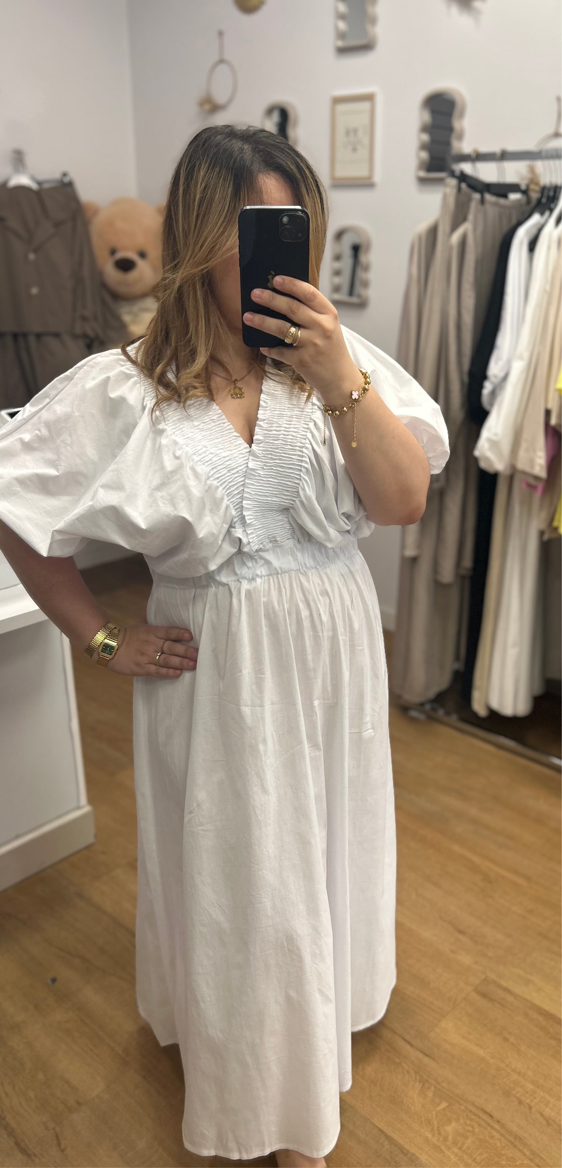 DESTOCKAGE - Robe Blanche Manches Bouffantes