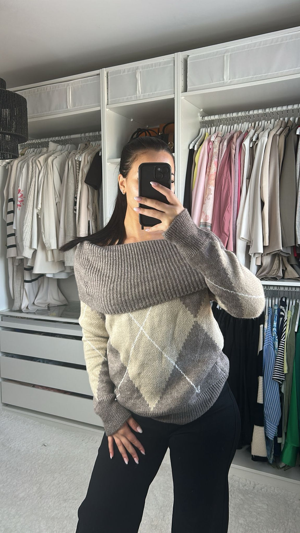 Pull col bateau à carreaux marron et taupe – Maille douce & élégante