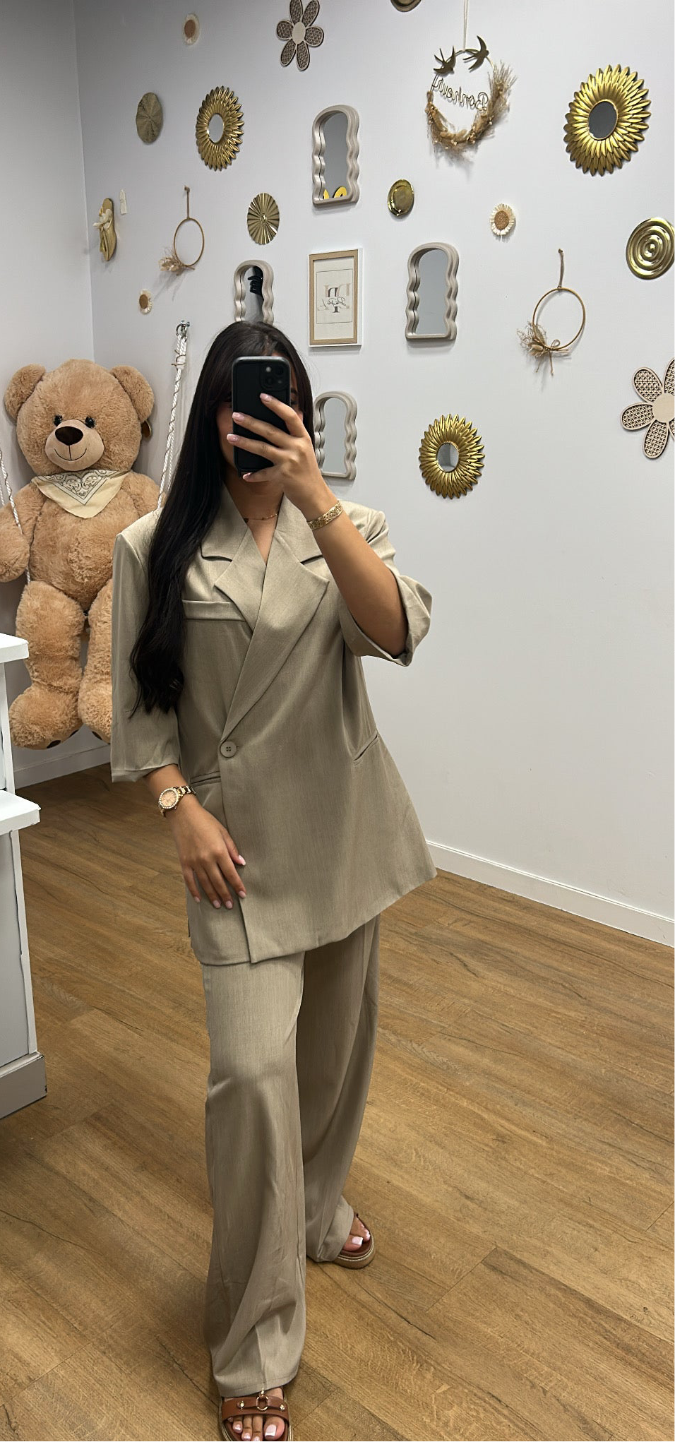 Ensemble Costume Working Girl Taupe : Manches Courtes