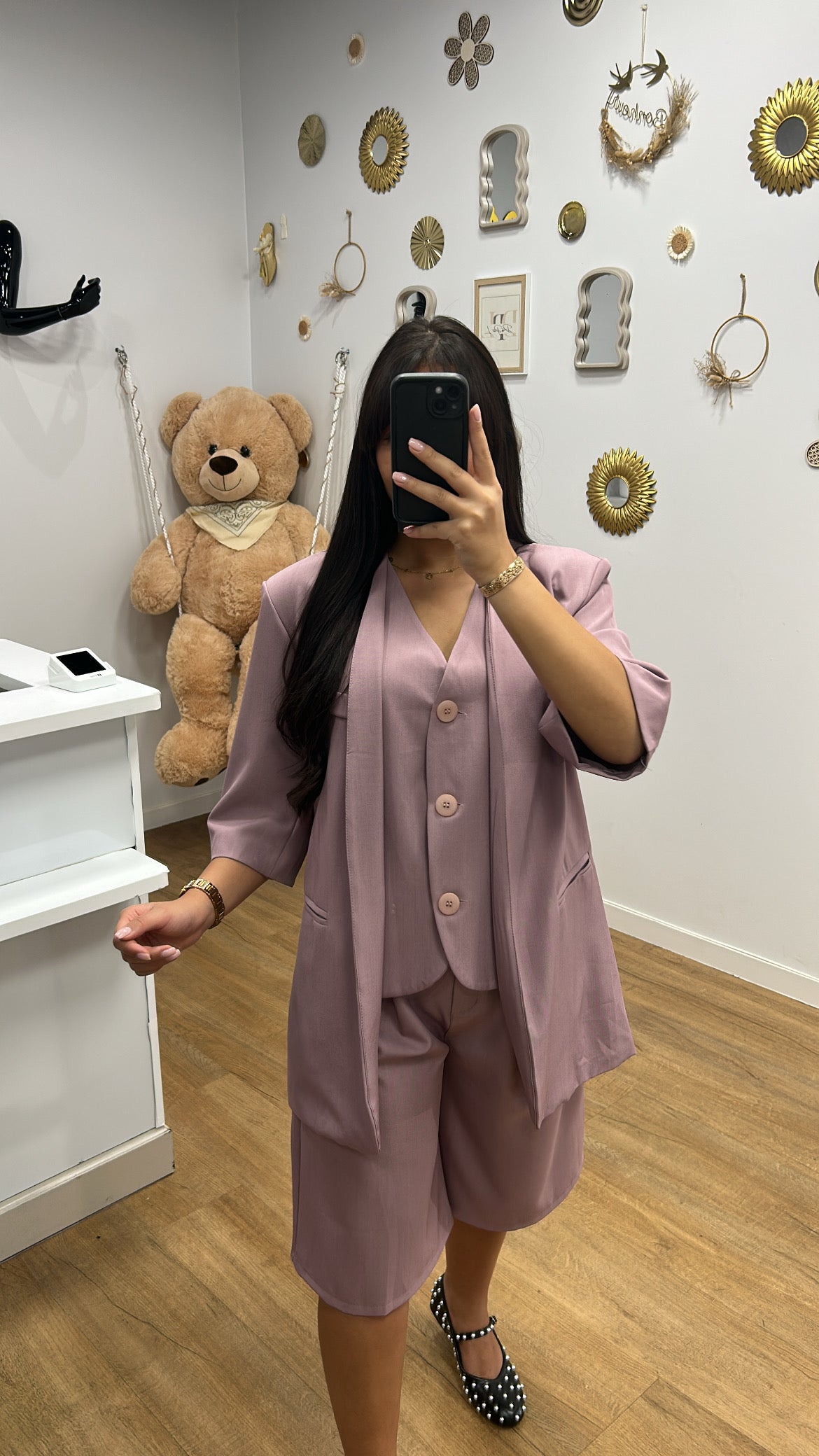DESTOCKAGE - Ensemble Parme Blazer Doublé Manches Courtes et Bermuda