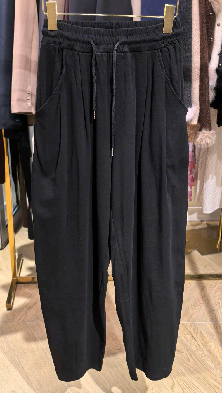Pantalon noir large femme – Taille à ficelle ajustable
