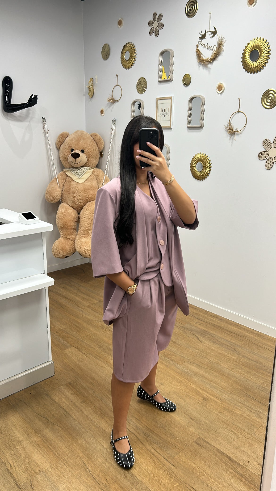 DESTOCKAGE - Ensemble Parme Blazer Doublé Manches Courtes et Bermuda