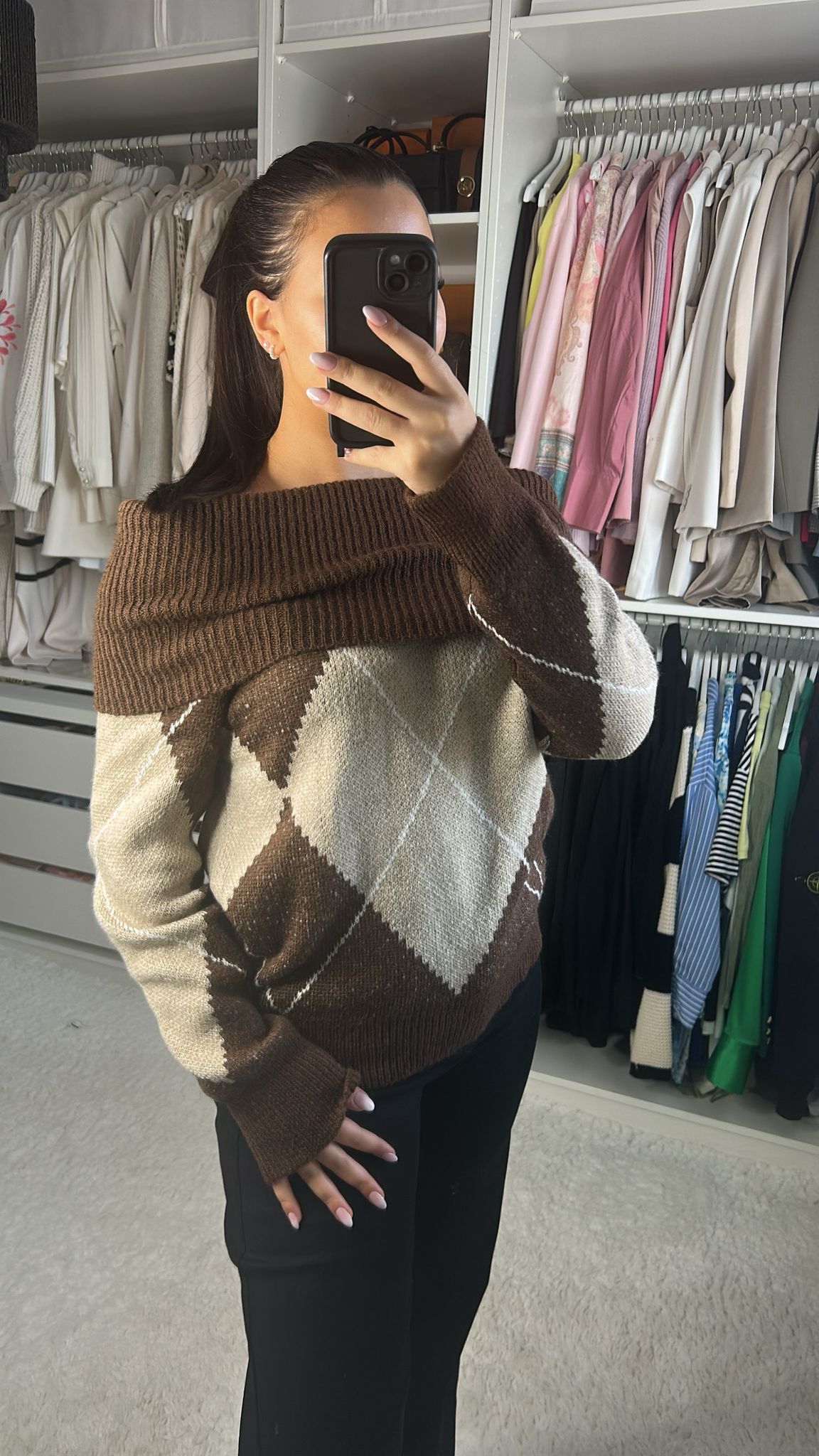Pull col bateau à carreaux marron et taupe – Maille douce & élégante