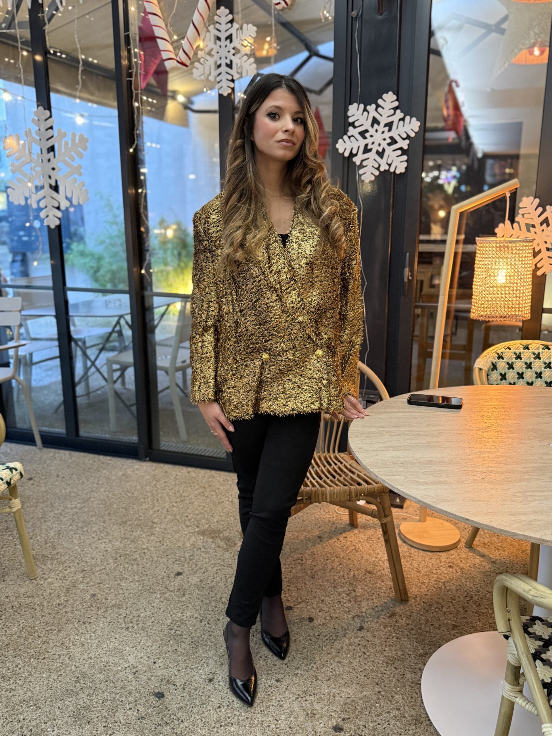 Blazer Doré Texturé – Élégance & Brillance