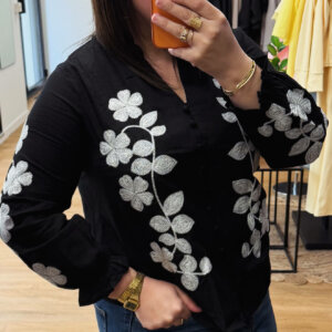 Blouse Noire Brodée en Lin - Prêt-à-porter féminin Bourg-en-Bresse