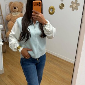 Cardigan Sans Manches Bleu Ciel – Fermeture Zip - Prêt-à-porter féminin Bourg-en-Bresse