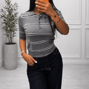 Polo Gris Rayé – Casual Chic - Prêt-à-porter féminin Bourg-en-Bresse
