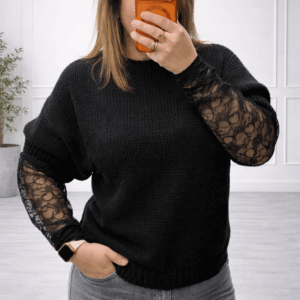 Pull Noir à Manches Dentelle – Chic Intemporel - Prêt-à-porter féminin Bourg-en-Bresse