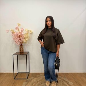 T-shirt Marron Manches Dentelle – Élégance Casual - Prêt-à-porter féminin Bourg-en-Bresse