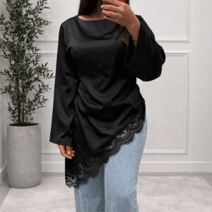 Tunique Noire Satinée à Dentelle – Élégance Chic - Prêt-à-porter féminin Bourg-en-Bresse